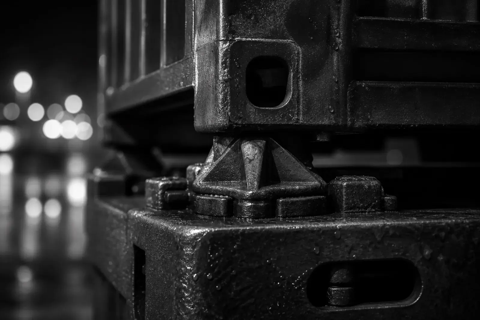 Close-up of a container twist-lock securing a navy container to a steel chassis.