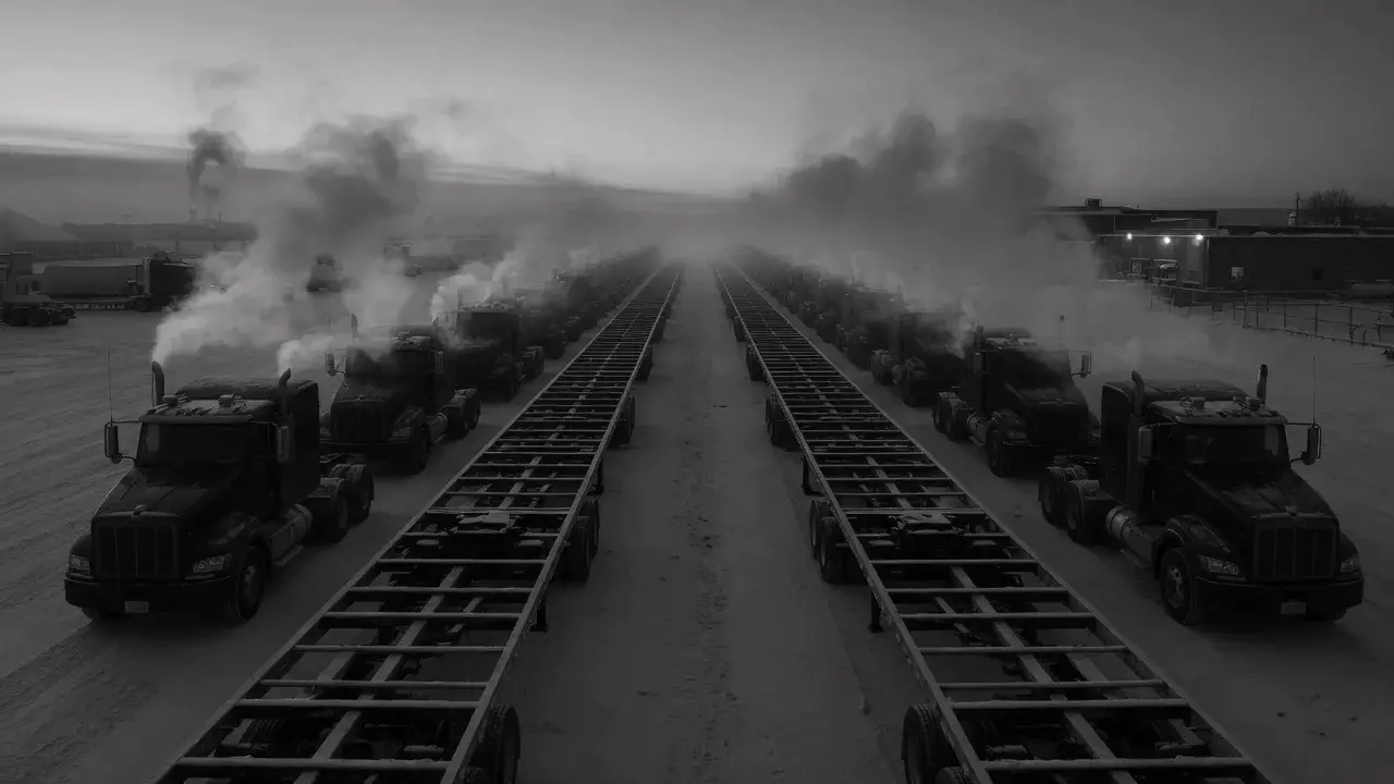 Container chassis and tractors lined up in a Quebec yard at dawn.