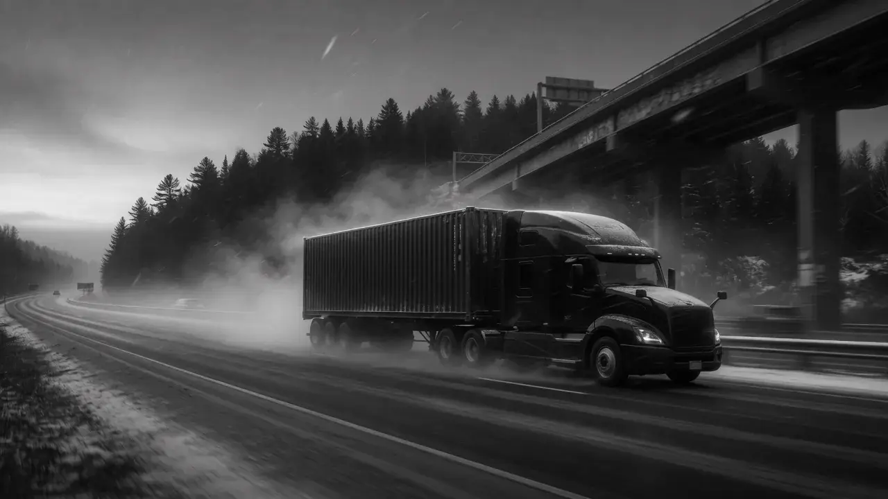 Tractor and navy container running a Quebec highway in winter.